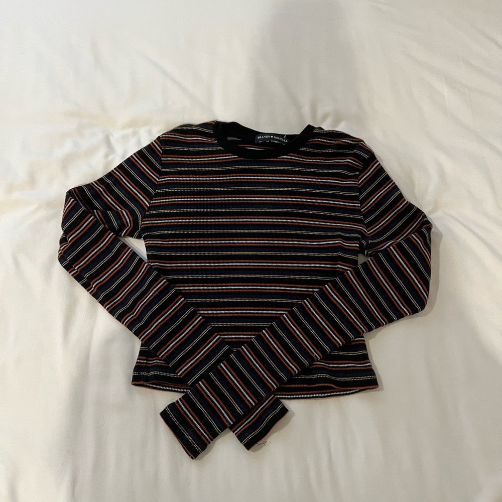 brandy melville cropped long sleeve, red/white/yellow/navy/black striped